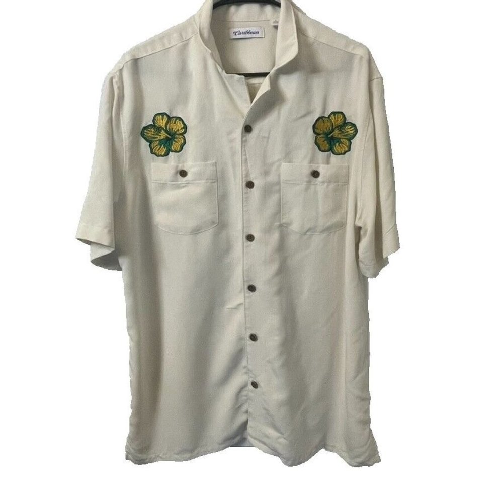 Caribbean Vintage Gold‎ Green Flowers Cream Modal Fabric Shirt Men's Size L